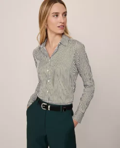 Petite Striped Perfect Shirt in Muted Moss - Modern Stretch Button Down Blouse