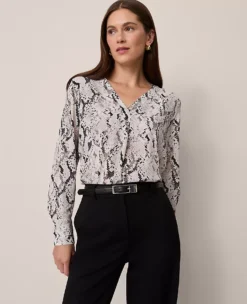 Petite Snake Print Mixed Media V-Neck Top in Winter White