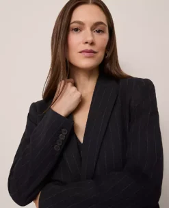 Navy Pinstripe Longline Blazer - Tailored Women's Professional Jacket
