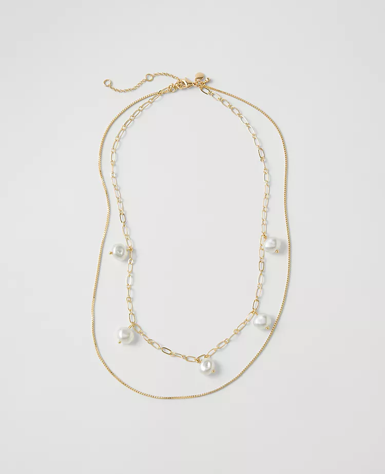 Goldtone Mini Pearl and Chain Layered Necklace for Women 1 Goldtone Mini Pearl and Chain Layered Necklace for Women