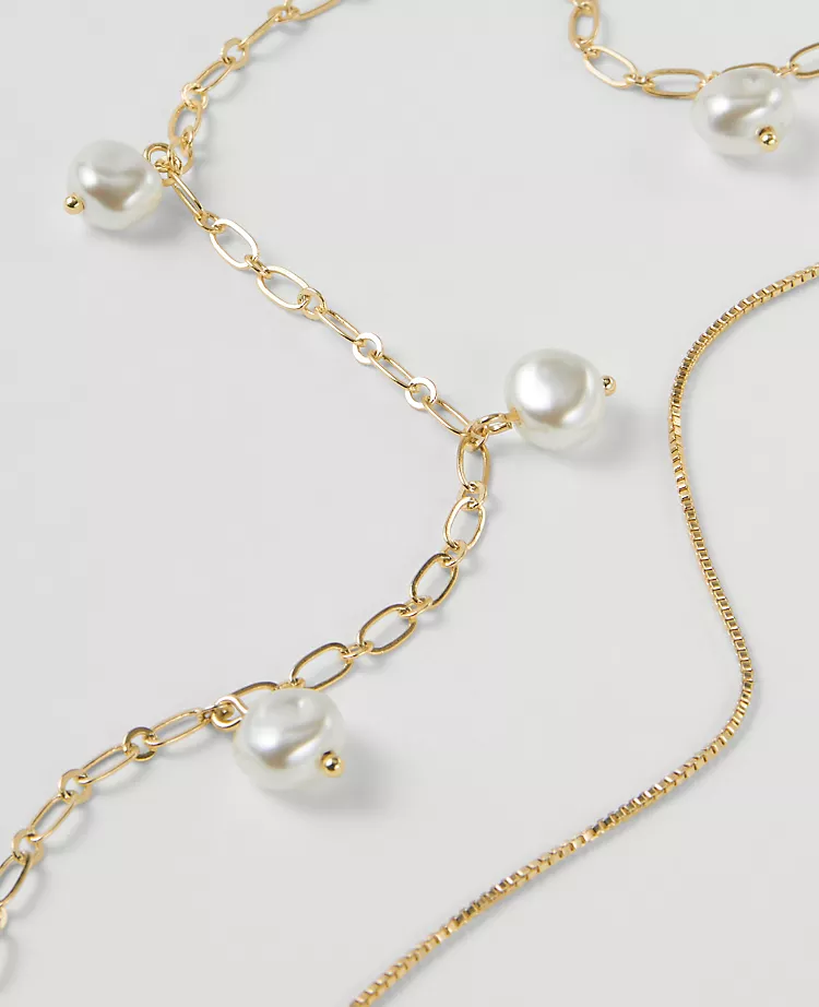 Goldtone Mini Pearl and Chain Layered Necklace for Women 2 Goldtone Mini Pearl and Chain Layered Necklace for Women - Image 2