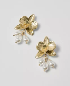 Goldtone Floral Drop Earrings with Pearlized Finish